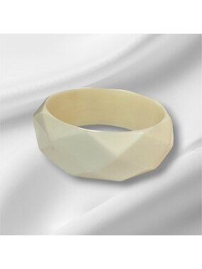 Vintage White Faceted Diamond-Pleated Bangle Bracelet 2.5" Diameter 1" Width